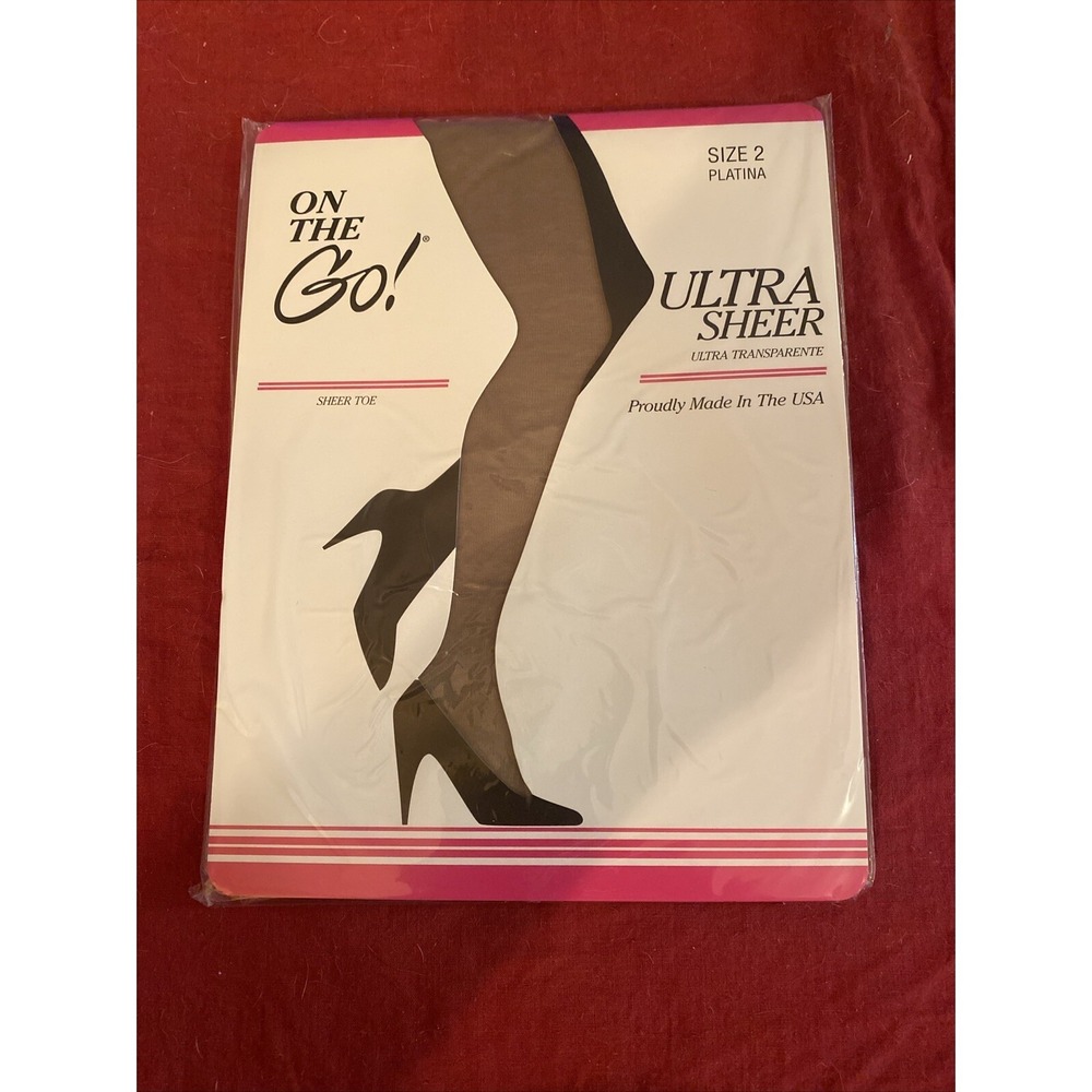On the Go Ultra Sheer Pantyhose Womens Size 2 Sheer Toe Platina Made in USA